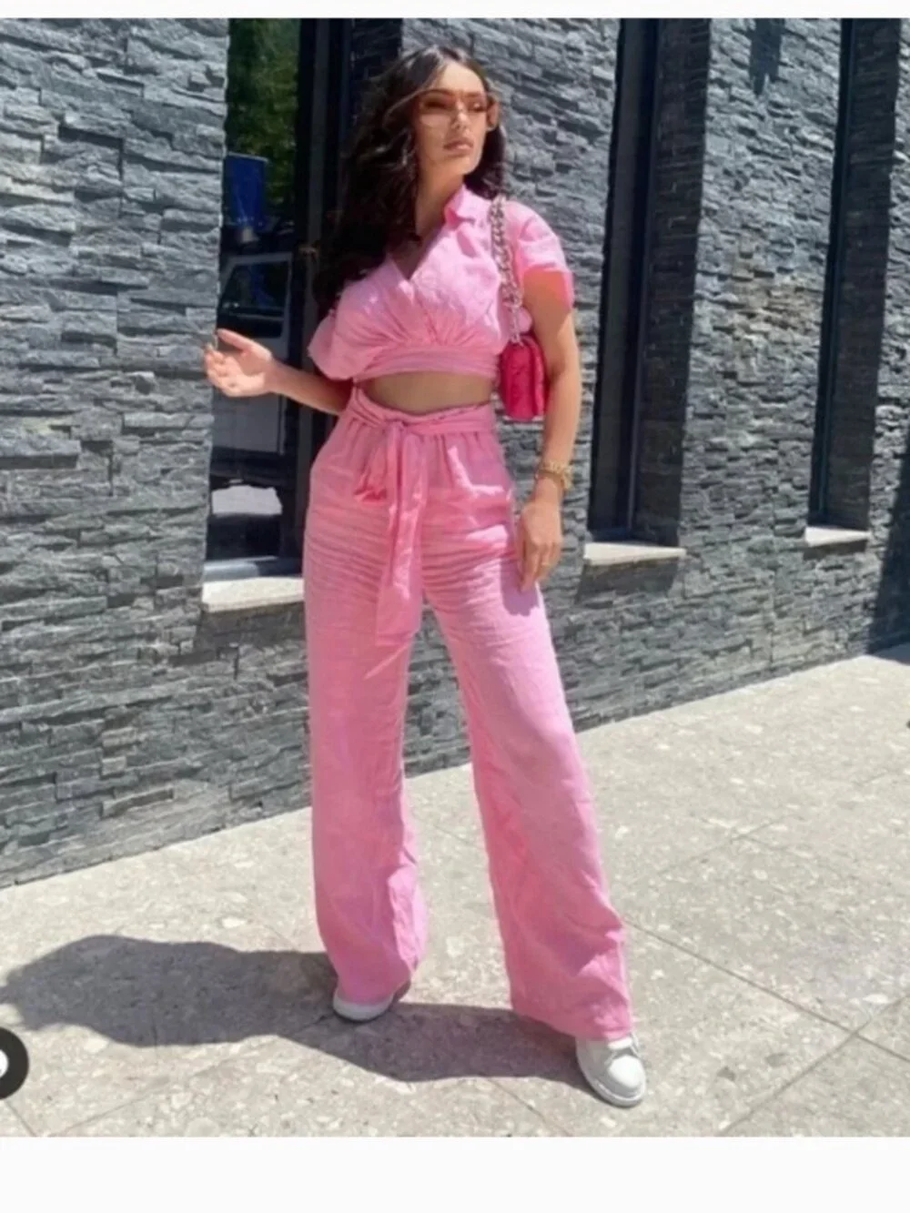 Zara Pink Linen Tie Pants Small